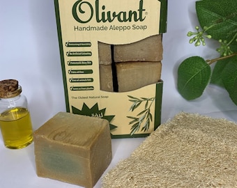Olivant® handgemaakte Aleppo-zeep 4 x ~160 g met GRATIS natuurlijke luffa