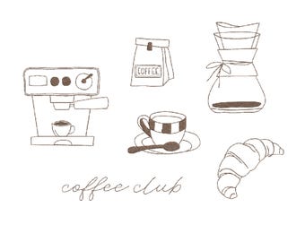 Puede incluir: Ilustración lineal de elementos relacionados con el café. Incluye una máquina de espresso, una bolsa de café, una cafetera de goteo, una taza y platillo, una cuchara y un cruasán. Las palabras "coffee club" están escritas debajo.