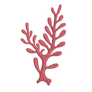 May include: A coral-coloured embroidered design of a sea plant, possibly coral or seaweed, against a white background. The design features a central stem with multiple branches and leaf-like structures, showcasing a textured, stitched appearance.
