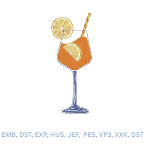 May include: Embroidered design of a cocktail in a stemmed glass, featuring an orange drink, lemon slices, and a striped straw. The glass has a blue stem and base. The design is suitable for embroidery projects.