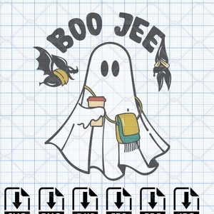 Boo Jee svg, Cute Ghost with coffee in Witch hat svg Cut file for Cricut, Boujee svg Fall and Halloween png Sublimation DTF Print.