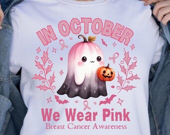 I oktober bär vi rosa png png, bröstcancermedvetenhet png, retro bröstcancer png, rosa Halloween-spöke png, sublimering av halloween-skjorta