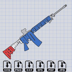 Rifle AR15 rojo, blanco y Pew Pew Pew SVG, archivo descargable, PNG, EPS, DXF, PDF, DTF, archivo de corte digital directo a película, Cricut Maker, Silhouette Cameo