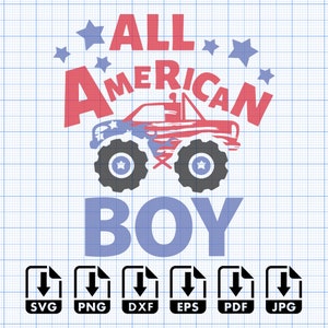Niño estadounidense con camión con bandera estadounidense, archivo SVG digital descargable, PNG, EPS, PDF, DTF, archivo de corte digital directo a película, Cricut, Silhouette