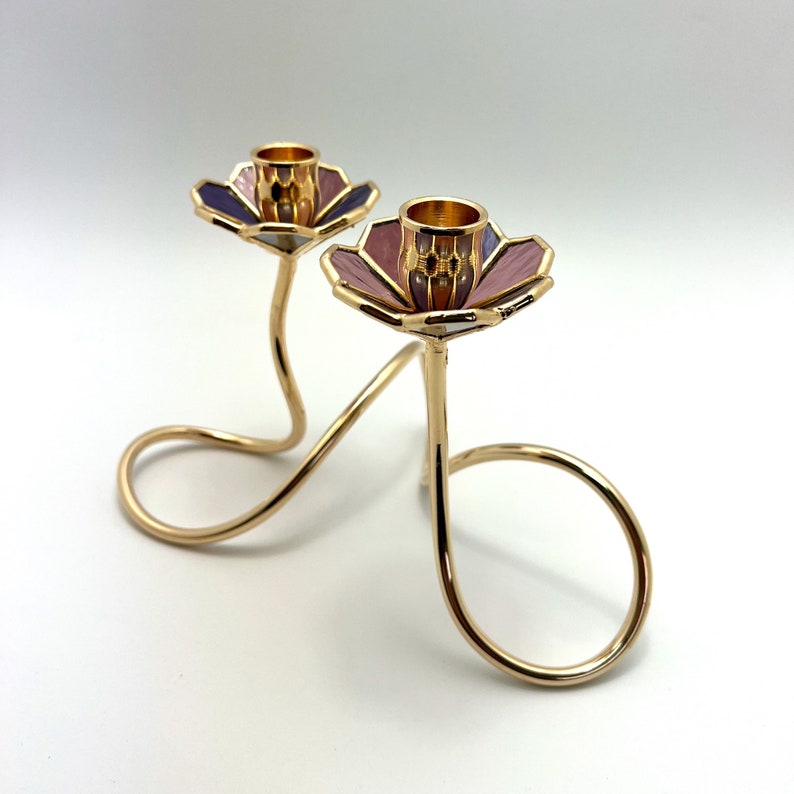 Art Nouveau Stained Glass Shabbat Candlestick Holder: Gold Plated Brass image 5