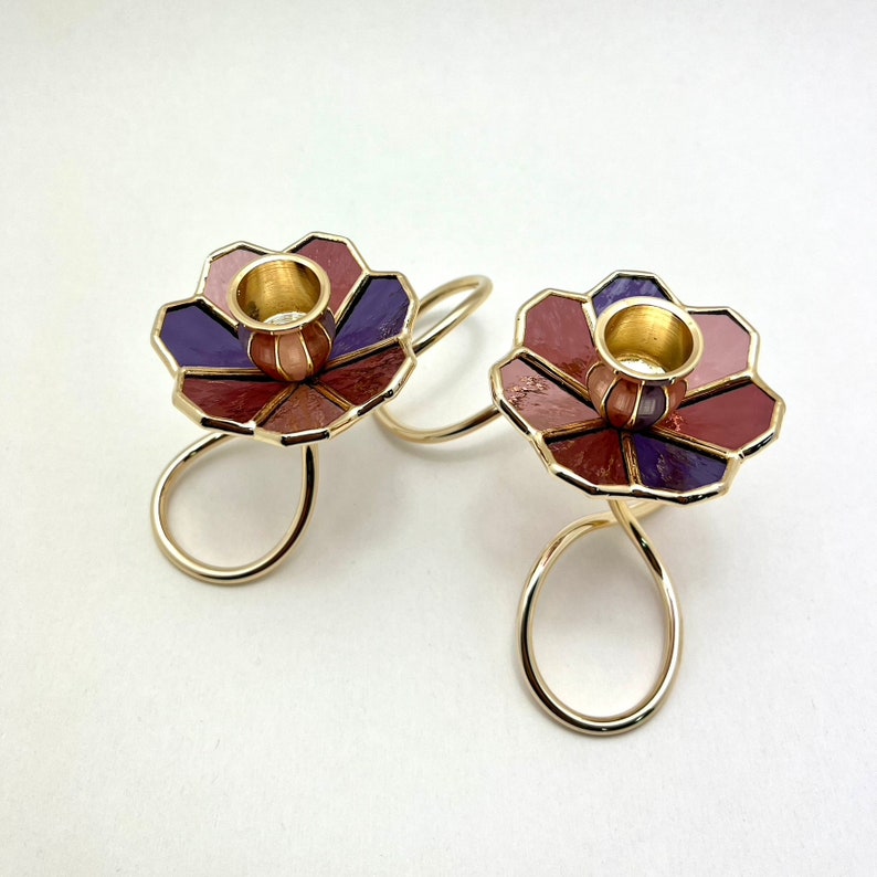 Art Nouveau Stained Glass Shabbat Candlestick Holder: Gold Plated Brass image 10