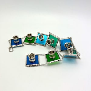 Modular Hanging Stain Glass Menorah Chain | Hanging Glass Menorah | Stained Glass Candle Holder | Glass Menorah in Shades of Green and Blue
