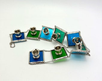 Modular Hanging Stain Glass Menorah Chain | Hanging Glass Menorah | Stained Glass Candle Holder | Glass Menorah in Shades of Green and Blue