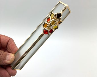 Colorful Stained Glass Golden Mezuzah case,  stained glass, With back, from Israel.   6.4״