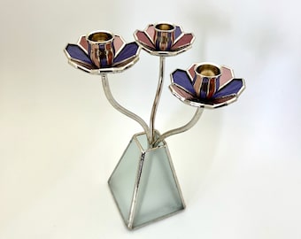 Stained Glass Shabbat/ Chag Candelabra | Jewish wedding gift | Art Nouveau Stained Glass Candle Holder | Jewish Art  | Unique Judaica Art