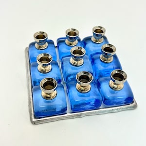 Stained Glass Hanukkah Menorah | Unique Blue Glass Menorah | Menorah Tic Tac Toe Board | Judaica Game | Glass Hanukkiah | Hanukkah Gift Idea