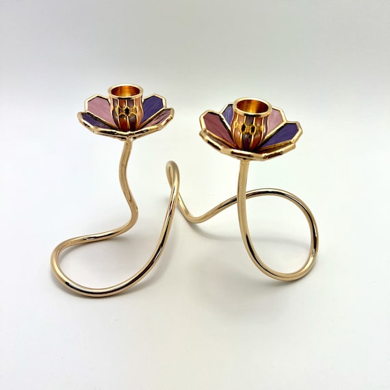 Art Nouveau Stained Glass Shabbat Candlestick Holder: Gold Plated Brass