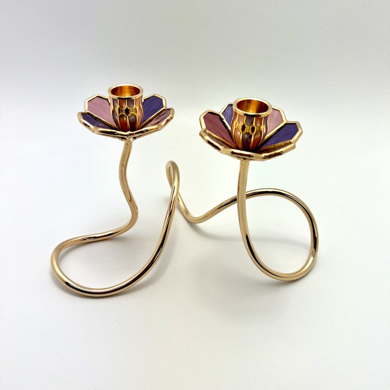 Art Nouveau Stained Glass Shabbat Candlestick Holder: Gold Plated Brass image 1