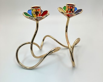 Art Nouveau Stained Glass Shabbat Candelabra 2001 | Jewish wedding gift