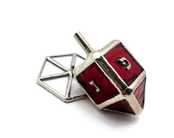 Rote Glasmalerei Dreidel für Chanukka | Jüdischer Glaskreisel mit Basis | Rotes Buntglas | Israelische Kunst | Chanukka Geschenk | Artnr