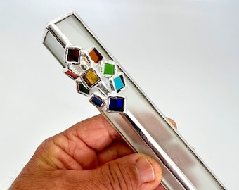 Colorful Stained Glass Silver mezuzah case,  stained glass, With back, from Israel.   6.4״