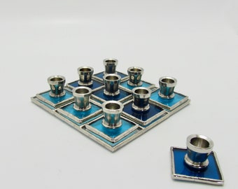 Stained Glass Tic Tac Toe Hanukkah Menorah | Tic Tac Toe Board with Individual Candle Holder Squares | Shades of Blue Unique Glass Menorah