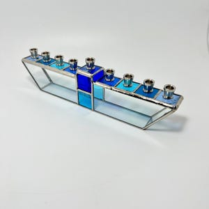 Abstract Glass  Menorah in Shades of Blue | Stained Glass Hanukkah Wall Decor | Israeli Themed Hanukkah Decor | Designed in Israel