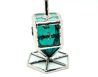 Green Stained Glass Dreidel: Hanukkah Judaica Art with Display Stand