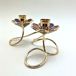 Art Nouveau Stained Glass Shabbat Candlestick Holder: Gold Plated Brass image 9