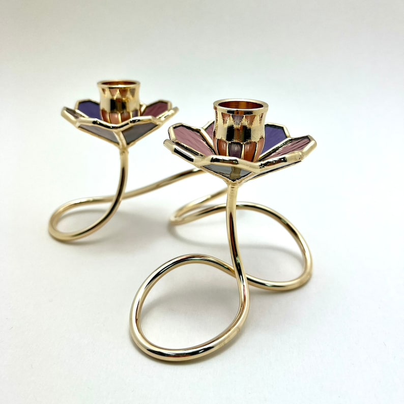 Art Nouveau Stained Glass Shabbat Candlestick Holder: Gold Plated Brass image 9