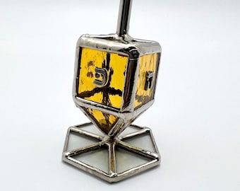 Yellow Stained Glass Dreidel: Hanukkah Spinning Top with Stand