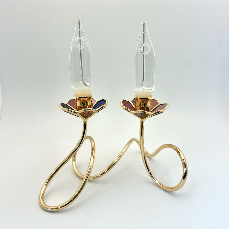 Art Nouveau Stained Glass Shabbat Candlestick Holder: Gold Plated Brass image 3