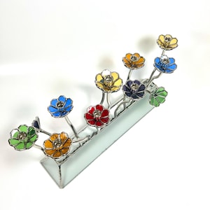 Stained Glass Hanukkah Menorah – Floral Field Design, Handmade Colorful Hanukkiah