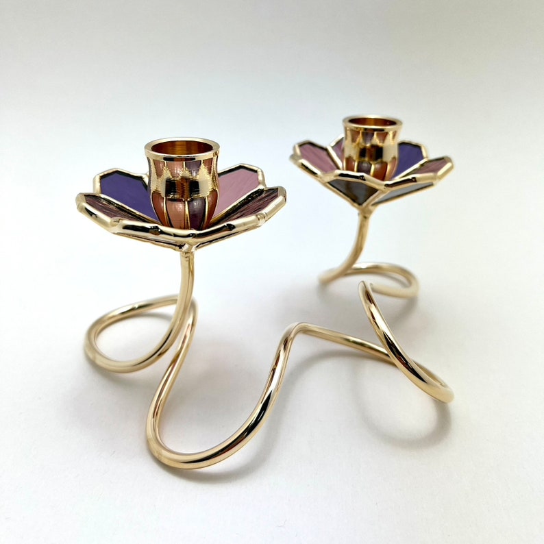 Art Nouveau Stained Glass Shabbat Candlestick Holder: Gold Plated Brass image 2