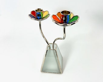 Stained Glass Shabbat/ Chag Candelabra | Candelabra for Shabbat | Art Nouveau Stained Glass Candle Holder | Jewish Art  | Unique Judaica Art