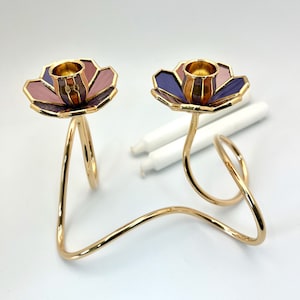 Art Nouveau Stained Glass Shabbat Candlestick Holder: Gold Plated Brass image 4