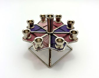 Colorful Stained Glass Menorah Dreidel in Shades of Pink and Purple | 2 in 1 Hanukkah Menorah and Dreidel | Unique Hanukkah Ornament