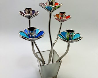 Stained Glass Shabbat | Candelabra for Shabbat | Art Nouveau Stained Glass Candle Holder  | Unique Judaica Art | Jewish wedding