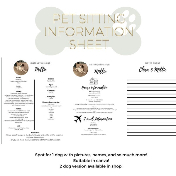 Pet sitting information sheet - 1 dog - Fully editable - canva - dog sitting information - travel info