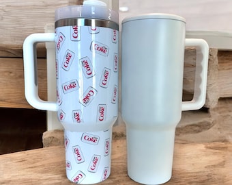 Diet Coke Cans 40oz Tumbler - With handle and straw  - Sublimation- Tumbler with handle. Anxiety. Diet coke and anxiety.