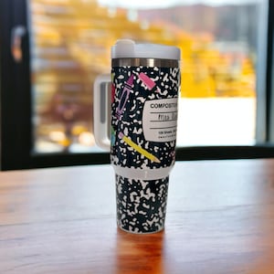 40oz decorated composition notebook Tumbler, With handle and straw, school supplies, Sublimation Tumbler, Teacher Tumbler, Student