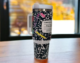 40oz decorated composition notebook Tumbler, With handle and straw, school supplies, Sublimation Tumbler, Teacher Tumbler, Student