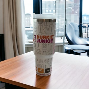 40oz Dunkie Junkie Tumbler, With handle and straw, Pink and Red, Sublimation Tumbler, Coffee, Donuts, Also available in 20oz, Coffee shop