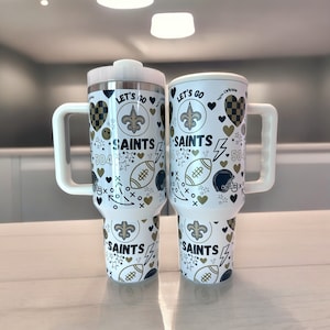 Gobelet Saints Football 40 oz, Avec anse et paille, Gobelet Touchdown, La Nouvelle-Orléans, NOLA, 504