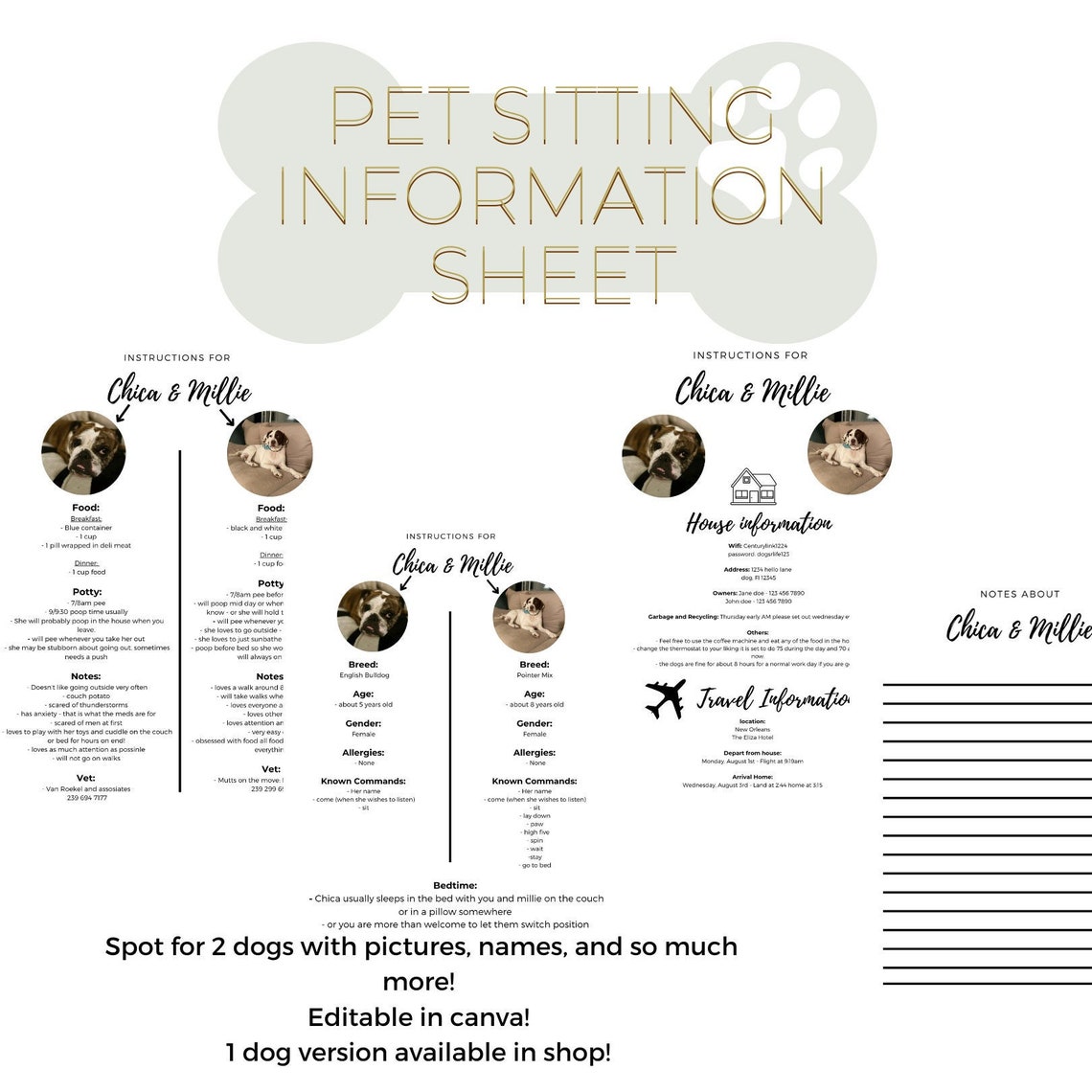 Pet Sitting Information Sheet 2 Dogs Fully Editable Etsy