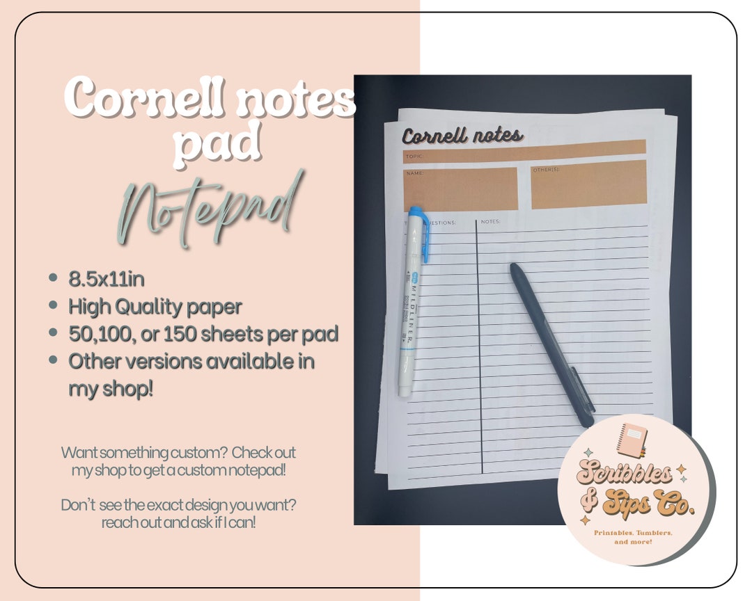Cornell Notes Pad 8.5x11in Notepad Note Taking College Etsy