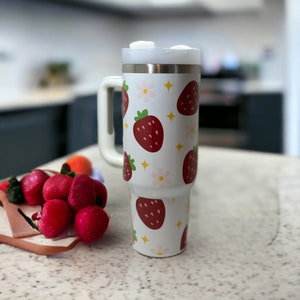 Strawberry and Daisies Tumbler, With handle and straw, fruit, Sublimation Tumbler, Summer time, Florida, Louisiana