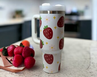 Strawberry and Daisies Tumbler, With handle and straw, fruit, Sublimation Tumbler, Summer time, Florida, Louisiana