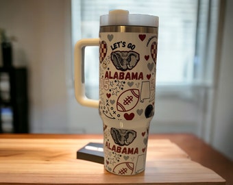 Alabama Football 40oz Tumbler - With handle and straw - touchdown tumbler- Sublimation Tumber - 40oz Tumbler with handle. football.