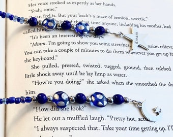 Night Dream Moon & Stars Handmade Charm Bookmark, Beaded Book Thong, Gift for Readers, Unique Book Lover Gift, Inspirational Gift for Her