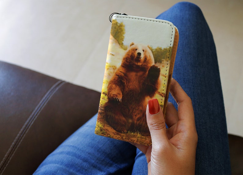 6 8 7 PLUS 7 Se Galaxy Note Art Gift 5 Grizzly Bear RFID Phone Wallet Case iPhone X