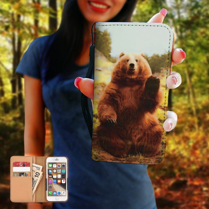 6 8 7 PLUS 7 Se Galaxy Note Art Gift 5 Grizzly Bear RFID Phone Wallet Case iPhone X