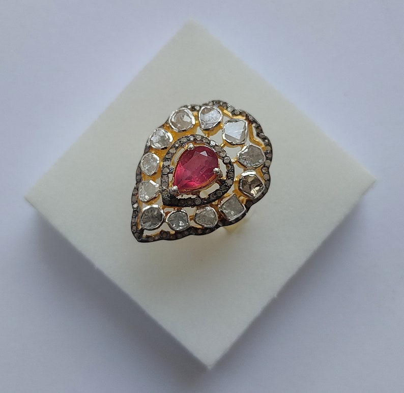 Victorian Ruby Ring Handmade Silver Ring Natural Ruby Ring 925 Sterling Silver Ring Uncut Diamond Ring Raw Diamond Silver Stone Ring
