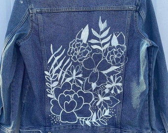 Size: M- Hand Painted Denim Jacket- Floral