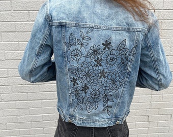 Size: M- Hand Painted Denim Jacket- Floral
